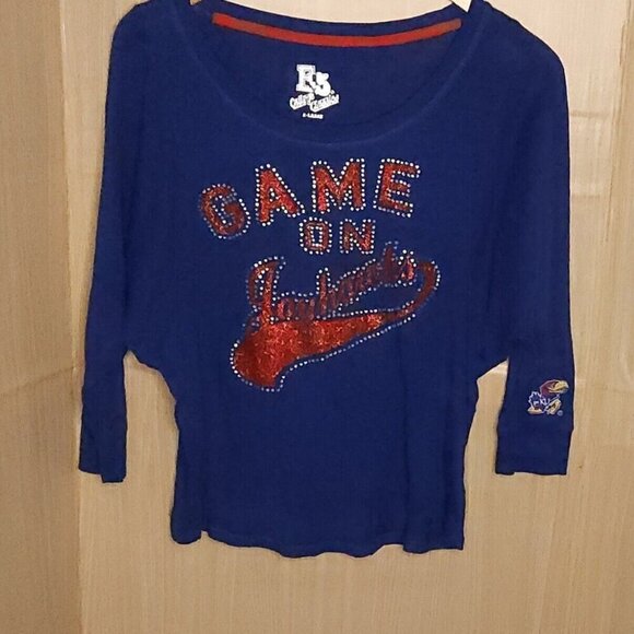 University Of Kansas E5 Blue Game On Shimmer Dolman Sleeve Wide Neck Top XL - Picture 1 of 8